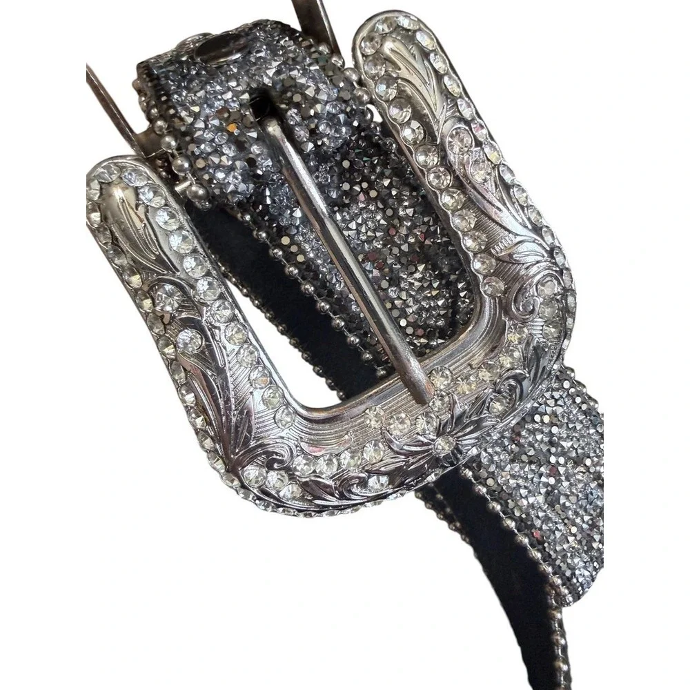 Womens Silver Rhinestone Western Belt Genuine Leather Crystal Buckle M/L 6529